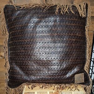 Double D Ranch Leather Fringe Pillow Dark Brown Textured Western Cowgirl